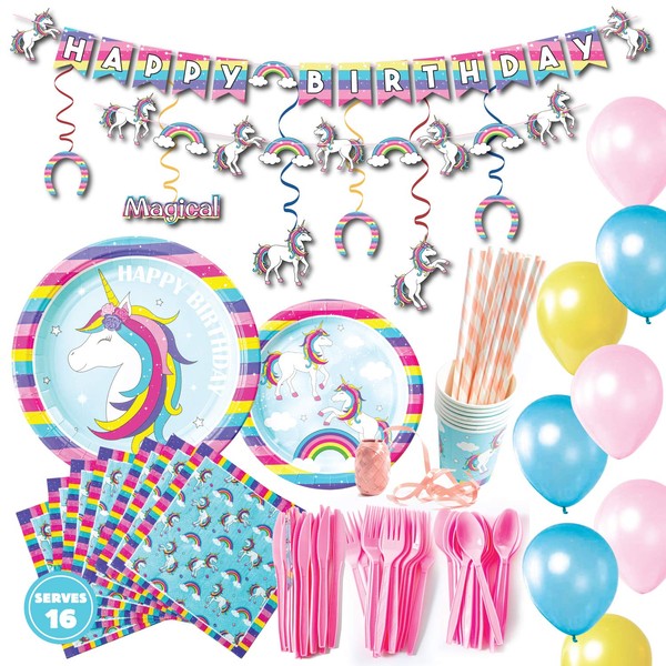 Whoobli Unicorn Birthday Party Supplies (Serves 16), Unicorn Party Supplies Plate, Cups, Spoons, Fork, Napkins. Unicorn Birthday Decorations For Girls