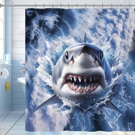 Longan Craft Shark Blue Sea Shower Curtain Cool Ocean Shower Curtain for Bathroom 72x72 Inch Waterproof Fabric Bathroom Curtain with 12 Hooks 3D Spindrift Sea Animal Bath Curtain Bathtub Decor