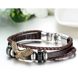JewelryWe Men Women Brown Leather Wrap Bracelet Retro Eagle Beads Charm Leather Alloy Bangle