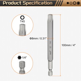 sourcing map 5pcs T45 Torx Head Screwdriver Bit 1/4" Hex Shank 4" (100mm) Long Magnetic No Hole Tip Tamper Proof 6 Point Star Screw Driver Drill Bits S2 Steel Industrial Power Screwdrivers