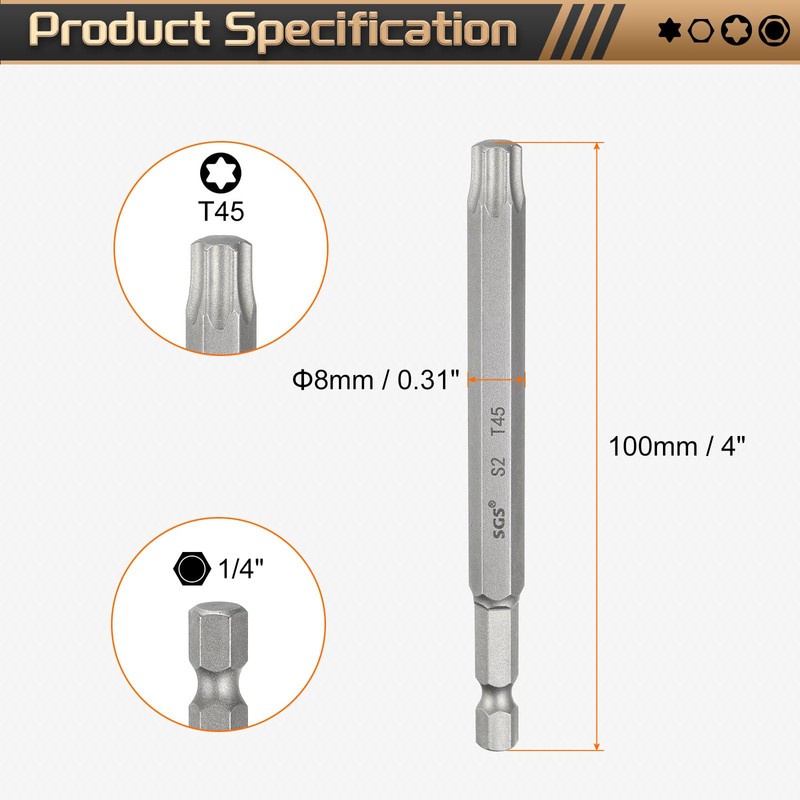sourcing map 5pcs T45 Torx Head Screwdriver Bit 1/4" Hex