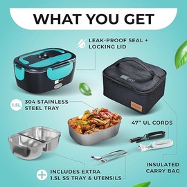 FORABEST Heated Lunch Box, 80W Electric Lunch Box for Adults, Portable Food Warmer with 2 Stainless Steel Containers 1.5L, Utensils, Carry Bag & Leakproof Lid, 12V/24V Car/Truck & 110/120V Home/Office