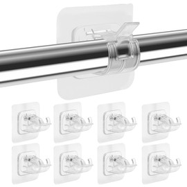 8PCS No Drill Curtain Rod Brackets, Self Adhesive No Drilling Curtain Rod Holder Hooks Nail Free Adjustable Renter Friendly Transparent Hangers for Bathroom Kitchen Home Bathroom Hotel Apartment
