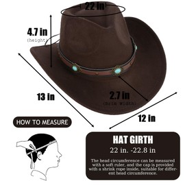 Classic Wool Cowboy Hat for Men and Women Autumn Winter Western Style Felt Hat with Strap Design Decorative Sapphire Band Outdoor Sun Hat(Coffee)