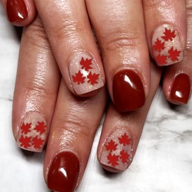 Red Maple Leaves Press On Red French Thanksgiving Fall Autumn Festival Nails with Glitter Powder Design - Short Square Full Cover Acrylic Stick On False Nails for Women