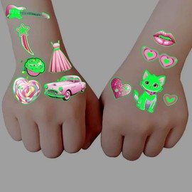 Glow in The Dark Pink Temporary Tattoos 90+PCS(10 Sheets) Pink Temporary Tattoos for Women Pink Birthday Party Supplies Party Favors Cute Decorations Party Décor