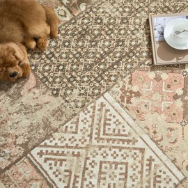 jinchan Boho Area Rug 4x6 Vintage Living Room Rug Patchwork Washable Rug Tribal Rug Indoor Floral Print Rug Decor Non Slip Soft Carpet for Bedroom Kitchen Dining Room Home Office Tan/Pink