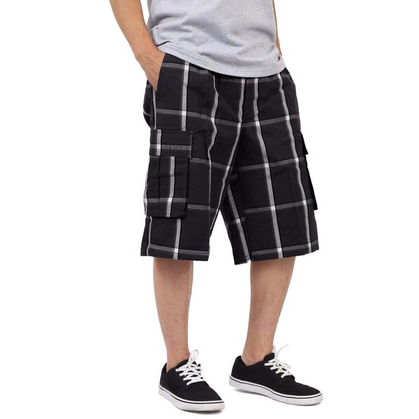 Shaka Wear Men’s Cargo Shorts – Casual Plaid Relaxed Loose Fit Elastic Waist Multi Pocket Pants Regular Big Size SP1702 Black L