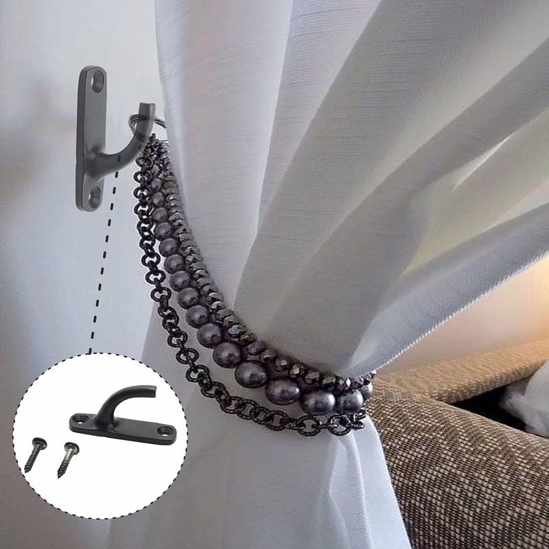 SUL Curtain Hold Tie Backs Black Hooks, U Shaped Wall