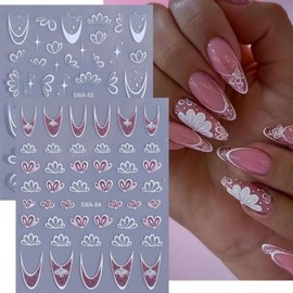 6Pcs Glitter Flower French Tip Nail Art Stickers Pink Silver Floral Petals Leaf Nail Decals Daisy Hibiscus Flower Nail Stickers Cherry Blossoms Nail Design Supplies Spring Nail Decoration for Women