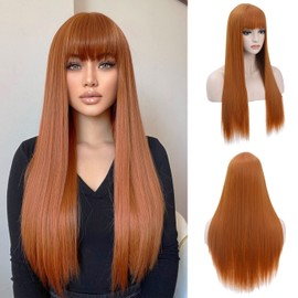 BERON Light Orange Wigs Straight Long Hair Wigs with Bangs Women Fashion Heat Resistant Synthetic Natural Looking Wig for Cosplay Party or Daily Use