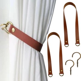 Leather Curtain Tie Backs - 2Pcs glrovazas Curtain Rod Holder Window Treatment Holdbacks, Drapery Tiebacks with Metal Hooks Drapery Tiebacks for Balcony Room Cafe (Red Brown)