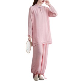 Moonetto Womens Chinese Traditional Tai Chi Uniforms Kung Fu Clothing Martial Arts Suit Cotton Wing Chun Clothes(0242-Pink-L)