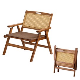 Wooden Rattan Folding Chair, Outdoor Portable Leisure Chairs with Low Seat, Backrest and Seat Cushion, Ideal for Balcony, Reading Room, Patio, Lawn