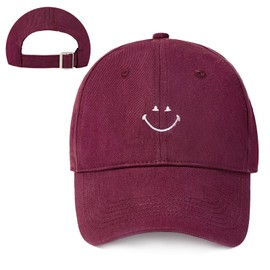 Womens Baseball Caps Adjustable Smiley Face Hat Vintage Embroidered Baseball Hat for Men Women Cute Trendy Design for Golf Tennis Burgundy