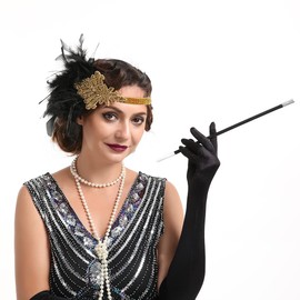 Bubbmi 1920s Flapper Headband, Turkey Feather Headpiece with Rhinestone, Gold Great Gatsby Headband Costume Hair Accessories for Women Sequined Showgirl Parties (BQ017black-gold)