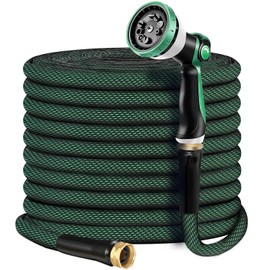 Non-Expandable Garden Hose 100feet, Flexible Water Hose with 10 Function Hose Nozzle, Lightweight, Tangle Free, Rust Proof for Yard (Black+Blue)