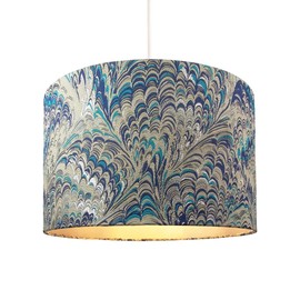 Contemporary and Vivid Peacock Print Table/Pendant Drum Lamp Shade in Teal, Grey, Blue and Silver Cotton - 25cm with Silver Satin Fabric Inner Lining | 60w Maximum by Happy Homewares