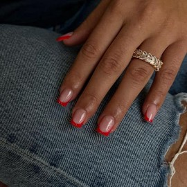 SXVME 30 Uds Rojo Francés Punta Prensa En Uñas Cuadradas Cortas Prensas Ons, Uñas Falsas Cortas Ataúd Uñas Acrílicas Pegamento Francés En Uñas Cortas 