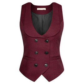 Belle Poque Waistcoat for Women Vintage Double Breasted Deep V-Neck Red Houndstooth Plaid Vest Coat with Pockets M