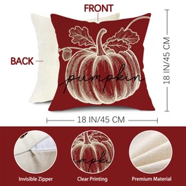 Fjfz Fall Pumpkin Decorative Throw Pillow Covers 18 x 18 Set of 4, Hello Autumn Red Black Stripes Porch Outdoor Home Decor, Happy Autumn Bliss Acorn Seasonal Couch Cushion Case