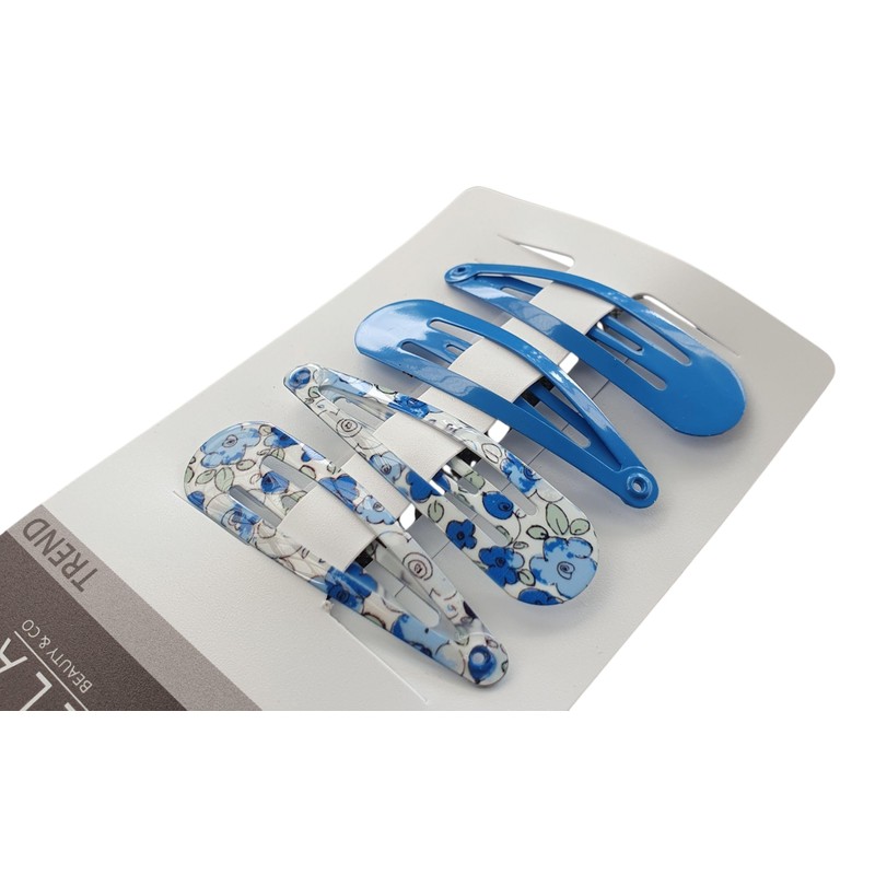Mibella Trend Haarspangen Set, 4 Stück, Blau und Blumenmuster, Click-Clack