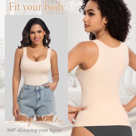 ONEW Shapewear Camisoles Seamless Tummy Control Compression Tank Tops Waist Trainer Body Shaper for Women,Beige,Large