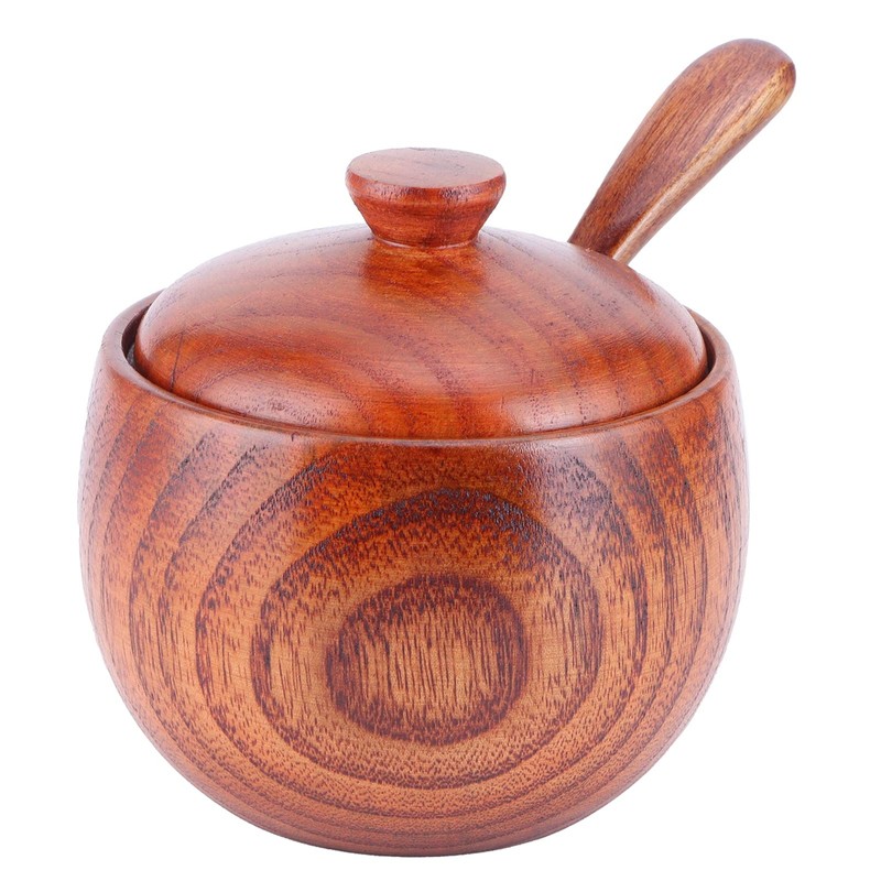 Wooden Spice Container, Salt Box with Lid, Spoon, Vintage Spice