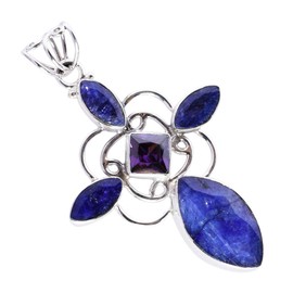 Ravishing Impressions Saphir & Lila Quarz Multi-Stein Anhänger Halskette in 925 Sterling Silber - Marquiseschliff blaue Edelsteine