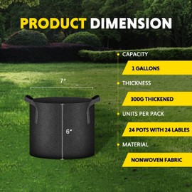 iPower Grow Bag 1 Gallon 6-Pack Heavy Duty Plant Pots, 300g Thick Nonwoven Fabric Containers Aeration with Nylon Handles, for Planting Vegetables, Fruits, Flowers, Black 2024 Version