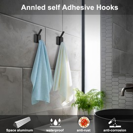 Adhesive Towel Hooks for Bathrooms，Heavy Duty Wall Hooks for Hanging Robe,Coats,Keys,Handbag,Waterproof Aluminum Sticky Hooks for Home,Bedroom,Hallways,Entrance,Kitchen,Office- Black 12 Pack
