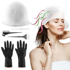 Silicone Highlight Caps Pre-punched with Holes Professional Reusable Hair Coloring Highlighting Cap with Hook/Gloves/Baking Oil Brush Hairdressing Dyeing Staining Tools(COLOR:white)