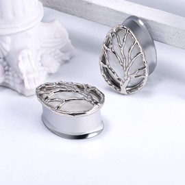 PUNKYOUTH 2PCS Teardrop Pearl Shell Ear Gauges Saddle Tunnels Double Flared Plugs Life Tree Elegant Stainless Steel Expander Stretcher Earrings For Women Guage 0g-1"