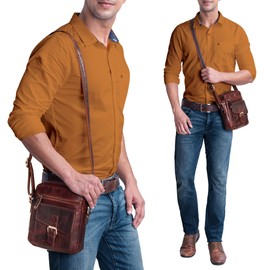 ROYALZ 'Knoxville' Small Leather Bag Men's Vintage Men's Shoulder Bag Mini Messenger Bag Shoulder Bag Small, Roma Cognac Brown