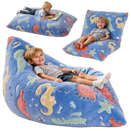 BRINJOY Kids Bean Bag Chair Bed, 3 in 1 Memory Foam Filled Bean Bag Sofa with Removable Cover for Playroom Daycare Bedroom, Toddlers Lazy Floor Mattress Lounger for Boys Girls, Glowing Dinosaur