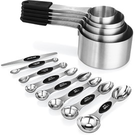 Magnetic Measuring Cups & Spoons Set, 5 Heavy Duty Cups,8 Double Sided Spoons with Leveler， Heavy Duty Stainless Steel Fits in Spice Jars， Dishwasher Safe, Nesting Kitchen Gadgets for Cooking & Baking