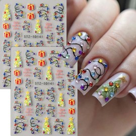 Christmas Nail Stickers 5D Embossed Nail Decals Christmas Tree Coloured Lanterns Designs Winter Stickers DIY Nail Art Decoration Holiday Nails Art Supplies 2Pcs