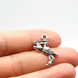 the slippery pearl 5 Stork Charms Baby Shower Favors Antiqued Silver 2 Sided Bird Pendants 24mm