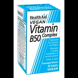 HEALTH AID VITAMIN B50 COMPLEX. MAINTAINS A HEALTHY METABOLISM& NERVOUS SYSTEM 30TABLETS