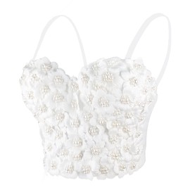ELLACCI Women's 3D Floral Pearl Bustier Crop Top Party Club Bra Tops White Medium
