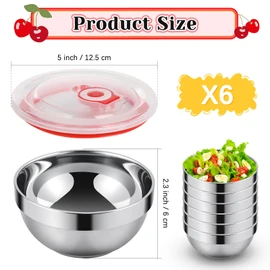 ZANAUWEKED 6 Set Stainless Steel Bowls for Kitchen,12oz Stainless Steel Bowl with Lids,Double Walled Insulated Soup Bowl, Metal Serving Eating Bowls for Snack,Cereal, Rice,Hot and Cold Food