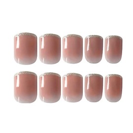 MERVF Short Press on Nails French Fake Nails Glossy Glue on Nails with Glitter Designs Square False Nails Full Cover Acrylic Nails Bling 24Pcs