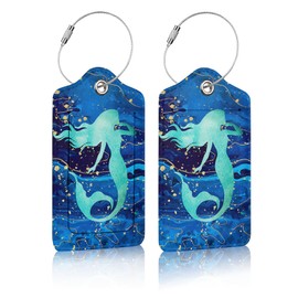 2 Pack Luggage Tag for Suitcases, Blue Marble Mermaid Leather Baggage Tags Privacy Cover ID Label for Women Men Travel