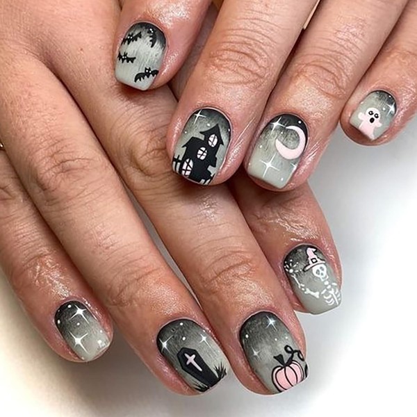 24Pcs Halloween Grey Gradient Press on Nails Coffin Short Square
