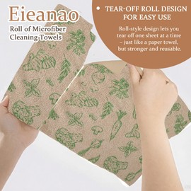 Eieanao Vegetables Microfiber Cleaning Cloth Roll-Ginger Broccoli Carrot Mushroom Cleaning Cloth, Brown Green Tear-Away Reusable Paper Towel for Kitchen Bar, 20 Sheets-9.84x9.84inch