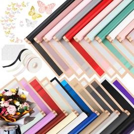 xunhewi 110 Sheets Gold Edge Flower Wrapping Paper Bouquet Packaging Paper Florist Bouquet Supplies for Wedding 3 Rolls Ribbon 36 Pcs 3D Butterflies DIY Craft Gift Packing （ 22 Colors ）