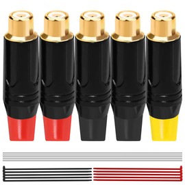 MKBKLLJY 5PCS RCA Female Plug Adapter Audio Phono 24K Gold Plated Solder Connector Speaker Wire Cable to Audio Female RCA Plug Jack with Solder Wire Cable Ties, for Speaker Home Theater Amplifiers