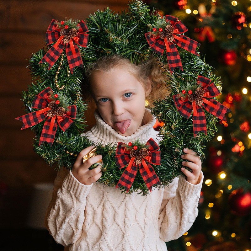 GEBETTER 6 pcs Christmas Red Plaid Rows Large Red Bows