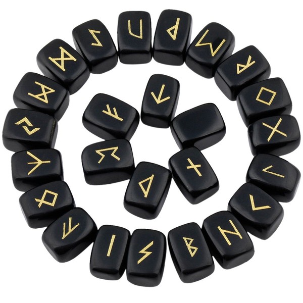 Rockcloud Black Obsidian Rune Stones Tumbled Engraved Lettering Crystal Set for Wicca Crystals Healing Chakra Reiki