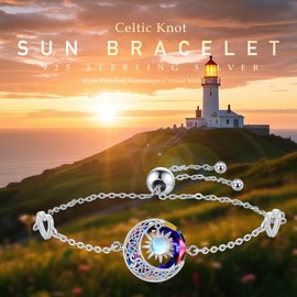 REDSUN Moonstone Bracelet for Women Girls 925 Sterling Silver Moon and Sun Bracelet with Round Crystal Celtic Moon Bracelets Sun and Moon Jewellery for Women Mother, Sterling Silver, Crystal